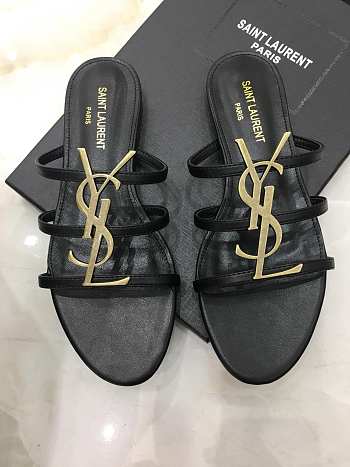 SAINT LAURENT Black Cassandra Gold YSL Flat Sandals 201418F124483