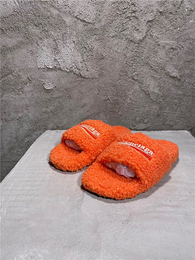 Balenciaga Women's Furry Faux Shearling Slides Orange - 1