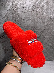 Balenciaga Women's Furry Faux Shearling Slides Red - 3