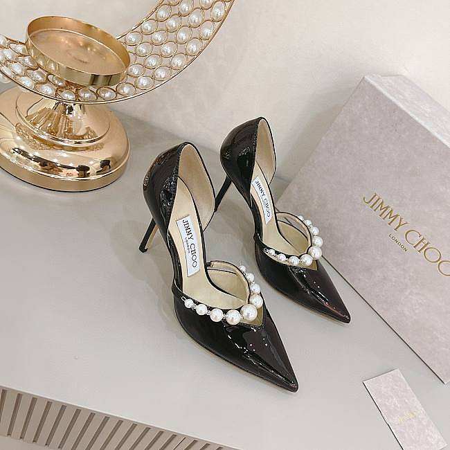 Black Patent Leather Pointed Pumps with Pearl Embellishment - 1
