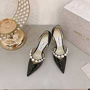 Black Patent Leather Pointed Pumps with Pearl Embellishment - 5