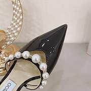 Black Patent Leather Pointed Pumps with Pearl Embellishment - 4