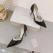 Black Patent Leather Pointed Pumps with Pearl Embellishment - 2