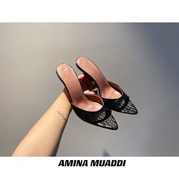 Amina Muaddi Black Snake Skin Sling Heels