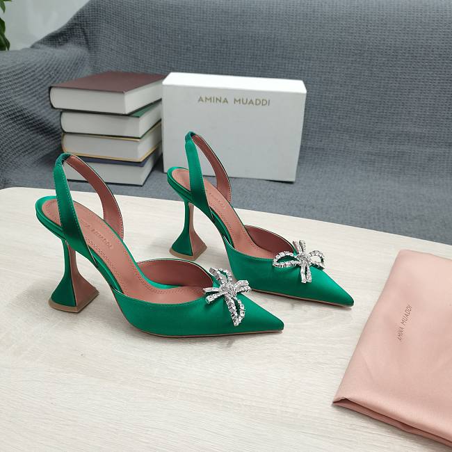 AMINA MUADDI Green satin pumps crystal bow - 1