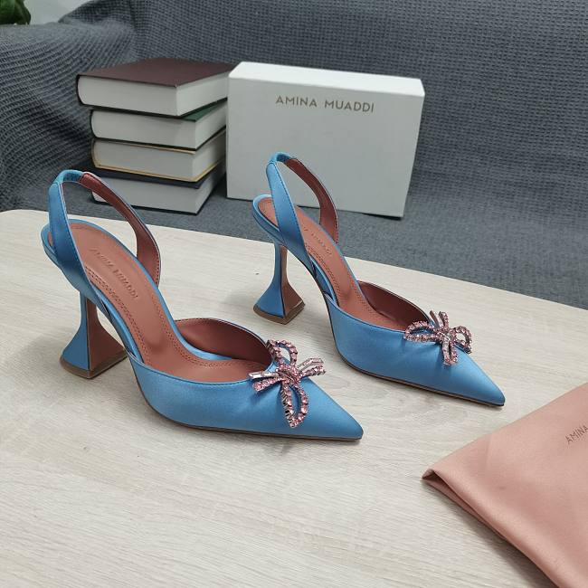 AMINA MUADDI Pink satin pumps blue crystal bow - 1
