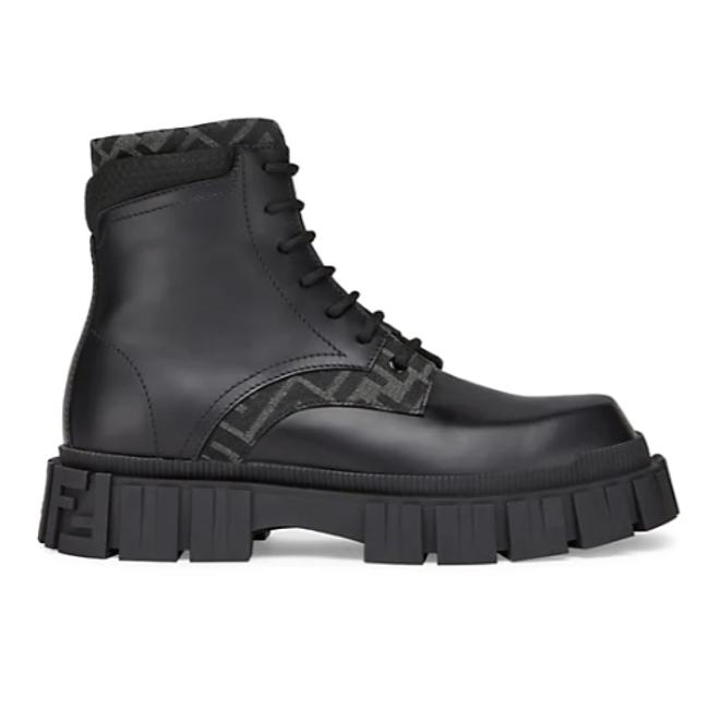 Fendi Logo-Jacquard Leather Combat Boots  - 1