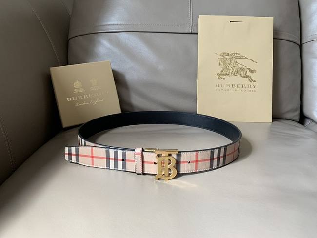 Burberry Thin Reversible Check TB Belt Beige Gold  - 1