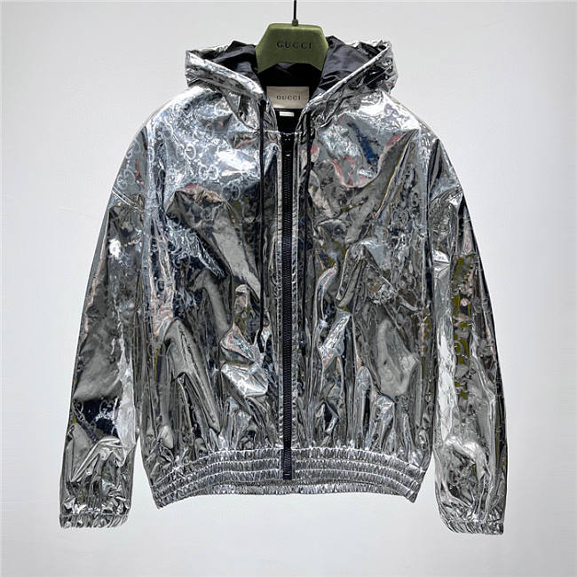 GUCCI SILVER GG EMBOSSED FABRIC BOMBER JACKET - 1
