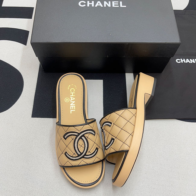 Chanel Lambskin Quilted CC Mules Beige Black - 1