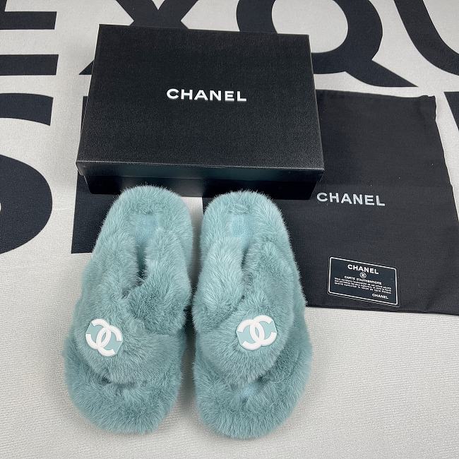 Chanel Mint Fur Warm Slides  - 1