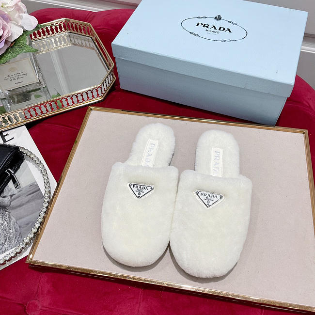 Prada Fur Slides Mules White P12408 - 1