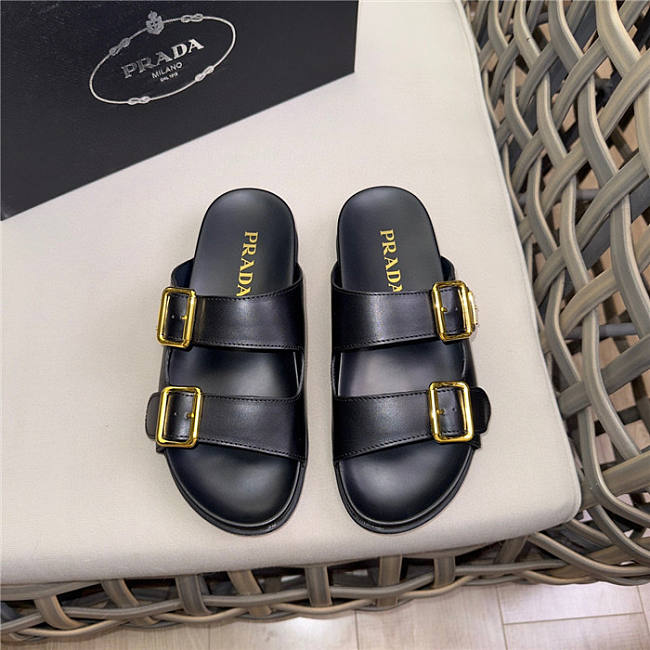 Prada Triangle-logo Leather Slides Black Gold - 1