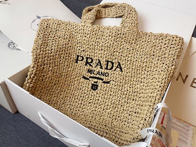 Prada Raffia Logo Tote Beige Bag Camel 40x15x34cm - 1