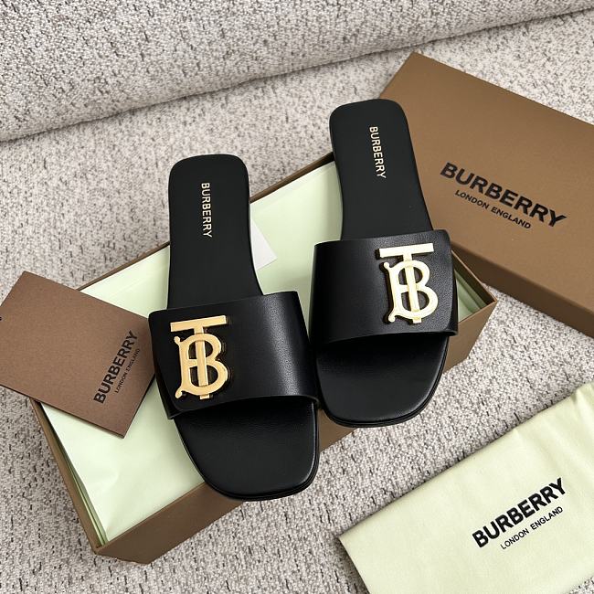 Burberry Square Toe Logo Black Slippers - 1