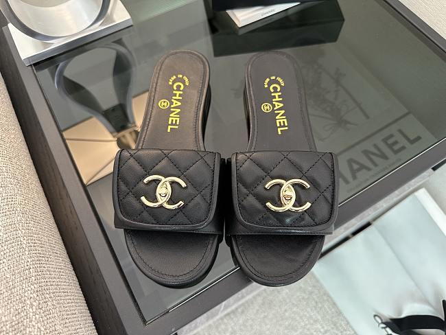 Chanel Black CC Logo Turnlock Mules Slides - 1