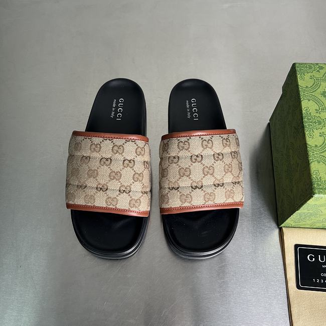 Gucci Slipper Canvas Logo Brown Red - 1