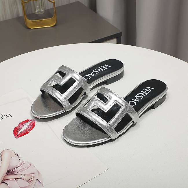 Versace Silver Greca Maze Calfskin Flat Slide - 1