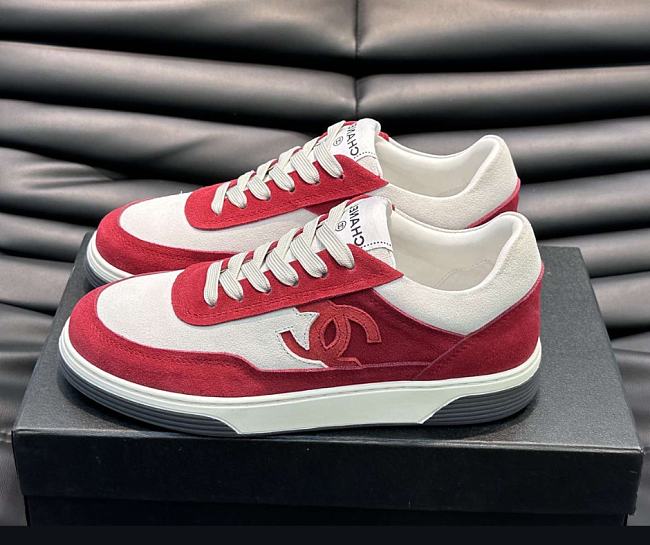 Chanel CC Logo Suede Red Low Top Sneakers - 1