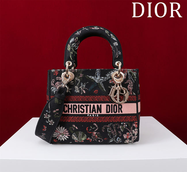 Dior Lady D-Lite Bag in Black Red Toile De Jouy 36x27x16CM - 1