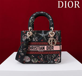 Dior Lady D-Lite Bag in Black Red Toile De Jouy 36x27x16CM