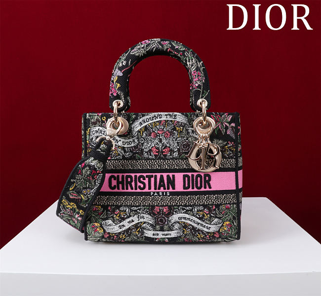 Dior Lady D-Lite Bag in Black Pink Toile De Jouy 36x27x16CM - 1