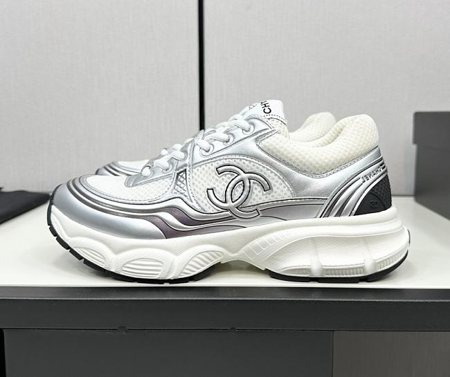 Chanel Fabric & Laminated White & Silver Sneakers  - 1
