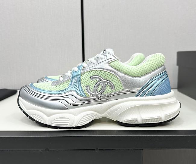 Chanel Fabric & Laminated Green & Silver Sneakers  - 1