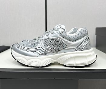 Chanel Fabric & Laminated Grey & Silver Sneakers 