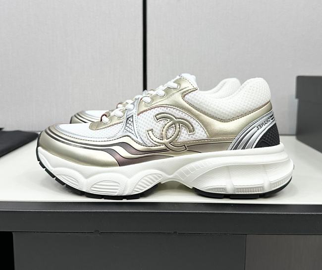 Chanel Fabric & Laminated White & Gold Sneakers  - 1